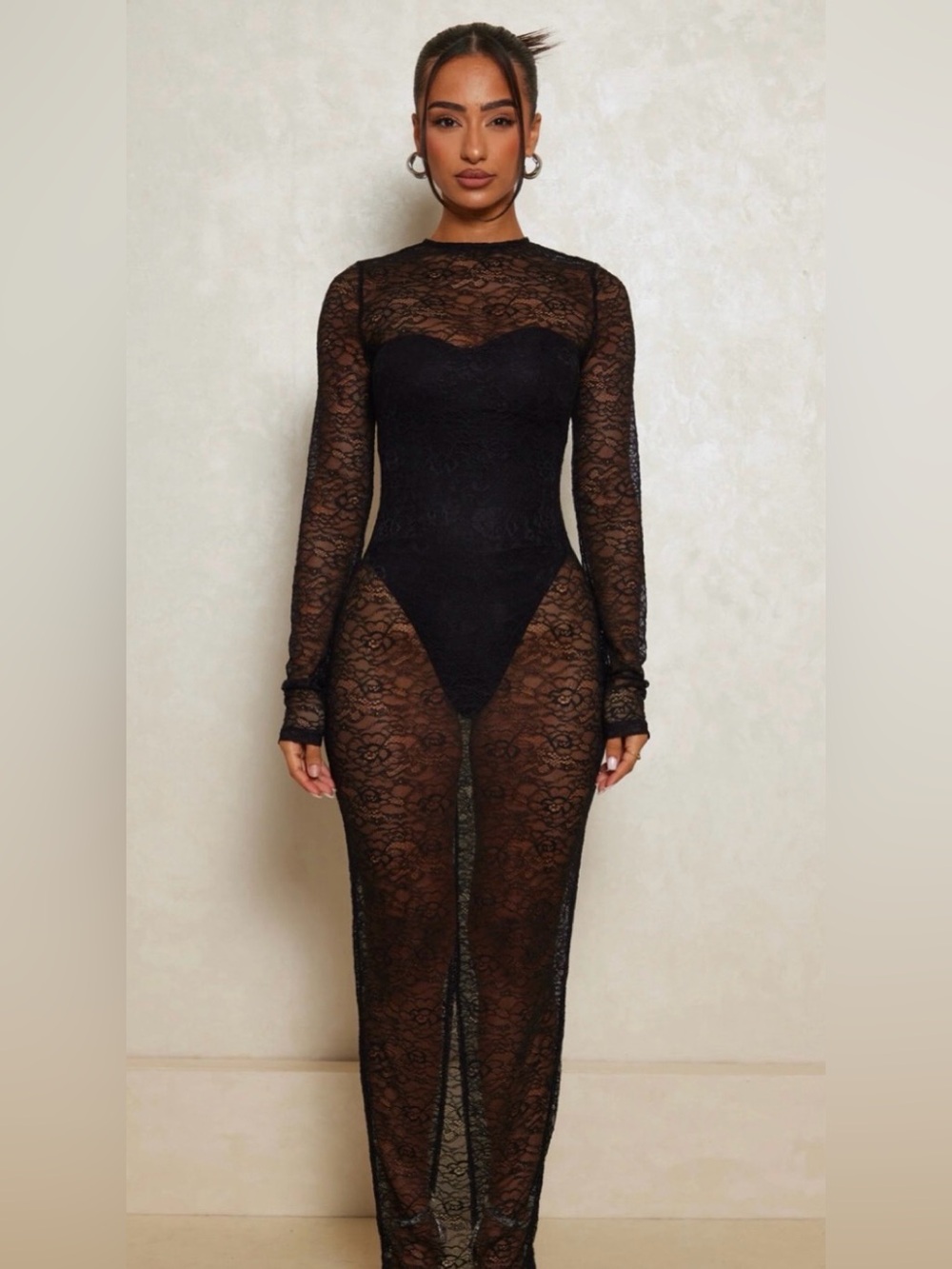 Mars The Label Black Sheer Lace Maxi Dress Long Sleeve + Bodysuit UK6/US2